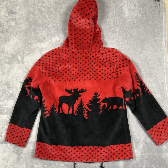 VTG Black Mountain Deep Pile Fleece Jacket Small Red Nordic Fair Isle Reversible - Picture 2 of 9